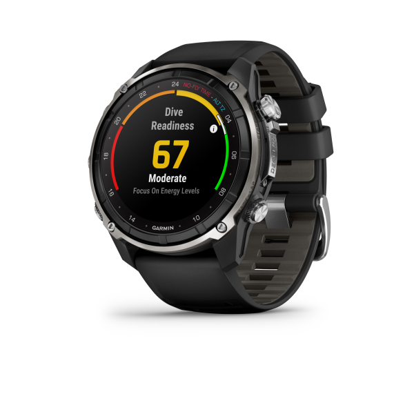 Garmin® Descent™ Mk3i - 51 mm, Silbernes und schwarzes PVD-Titan mit schwarzem/dunkelgrauem Silikonarmband